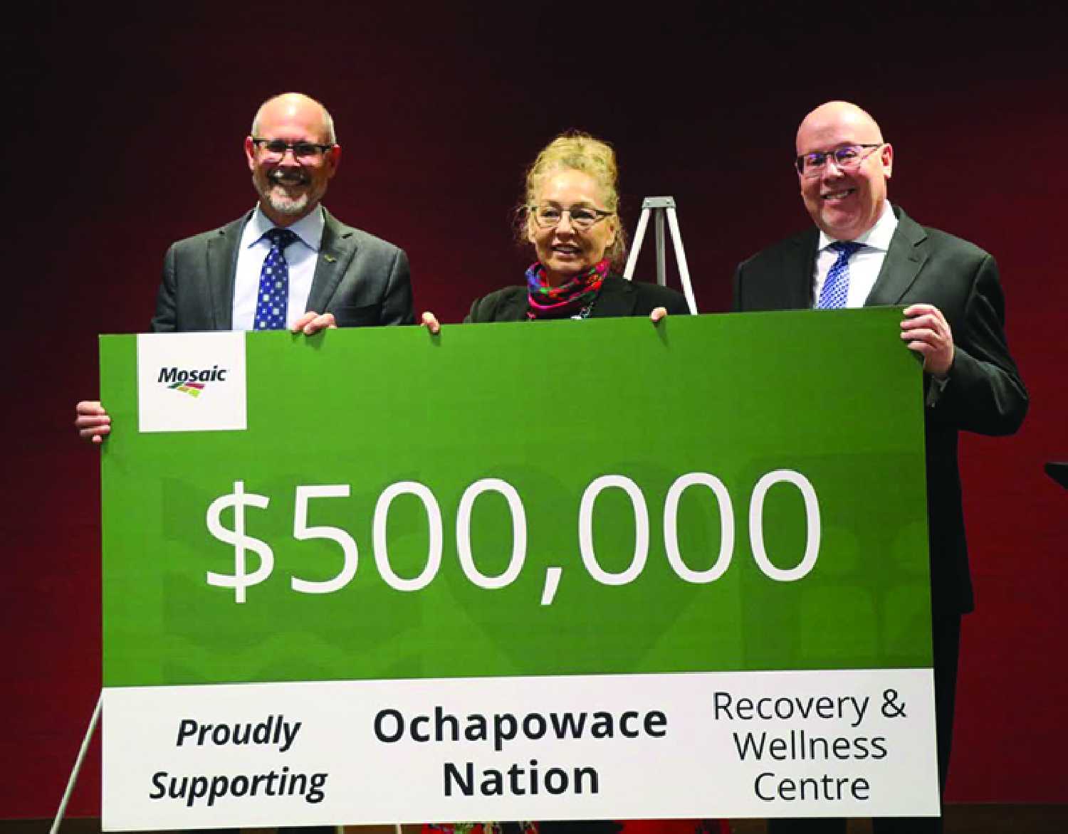 From left, Mosaic President and CEO, Bruce Bodine, Ochapowace Nation Chief Shelley A. Bear, and Moosomin-Montmartre MLA Kevin Weedmark during Mosaics announcement that they are committing $500,000 to a new recovery and wellness centre for Ochapowace Nation.